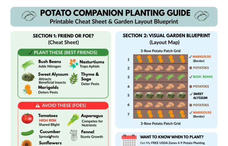 Ultimate potato companion planting chart and garden layout map to naturally control pests and boost your harvest.