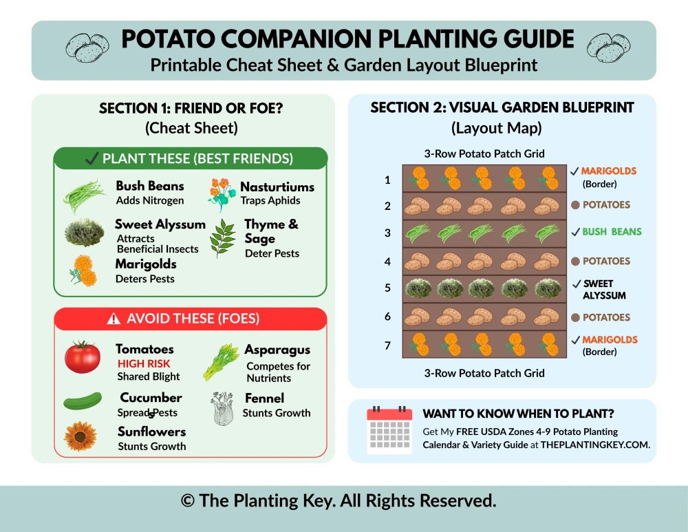 Ultimate potato companion planting chart and garden layout map to naturally control pests and boost your harvest.