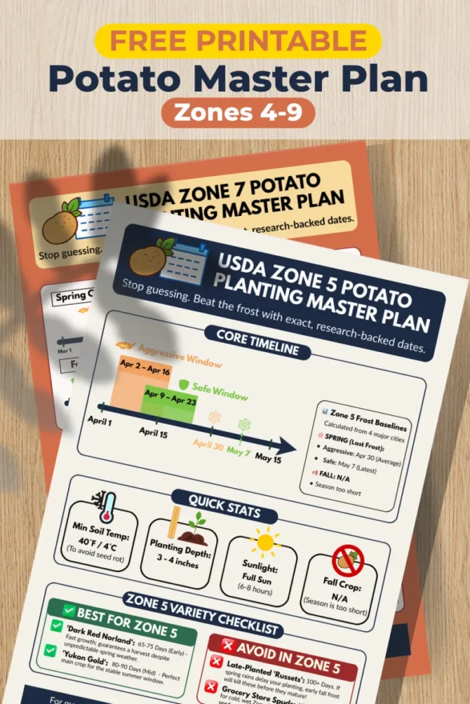Free printable potato planting calendars for USDA Zones 4-9 on a clipboard, featuring The Planting Key's dual-baseline data.