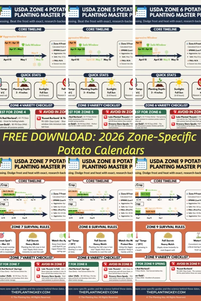 Preview of free printable 2026 potato planting calendars for USDA Zones 4 through 9, helping gardeners find exactly when to plant potatoes based on exact frost dates and local climate data.