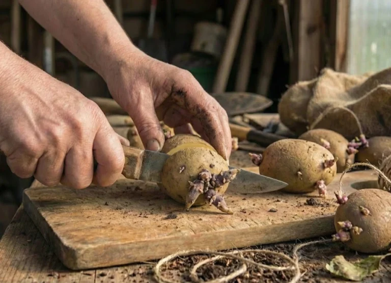 Close-up of a gardener's dirty hands using a knife to cut a sprouting seed potato into blocky pieces on a wooden potting bench.