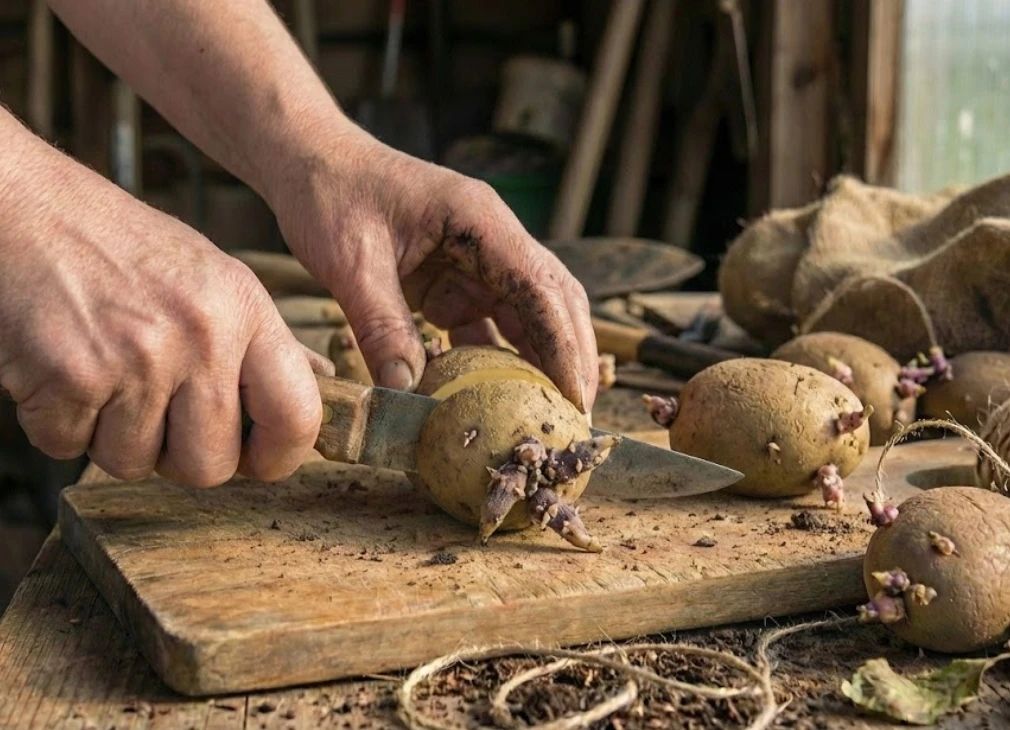 Close-up of a gardener's dirty hands using a knife to cut a sprouting seed potato into blocky pieces on a wooden potting bench.