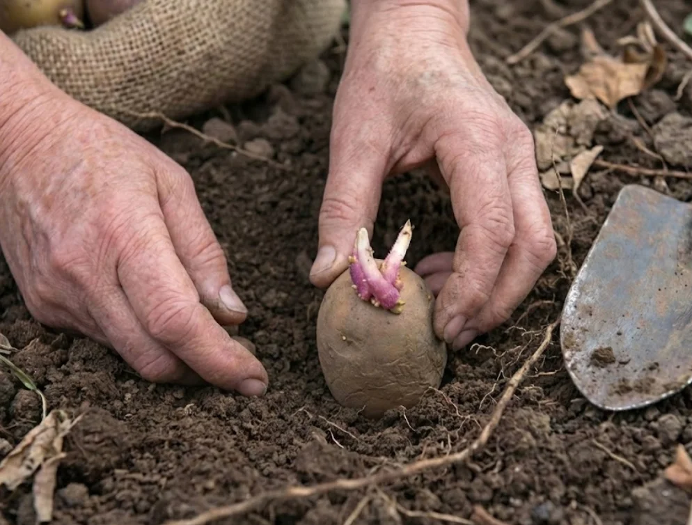 Hands planting a whole, egg-sized sprouted seed potato directly into garden soil with a trowel nearby.