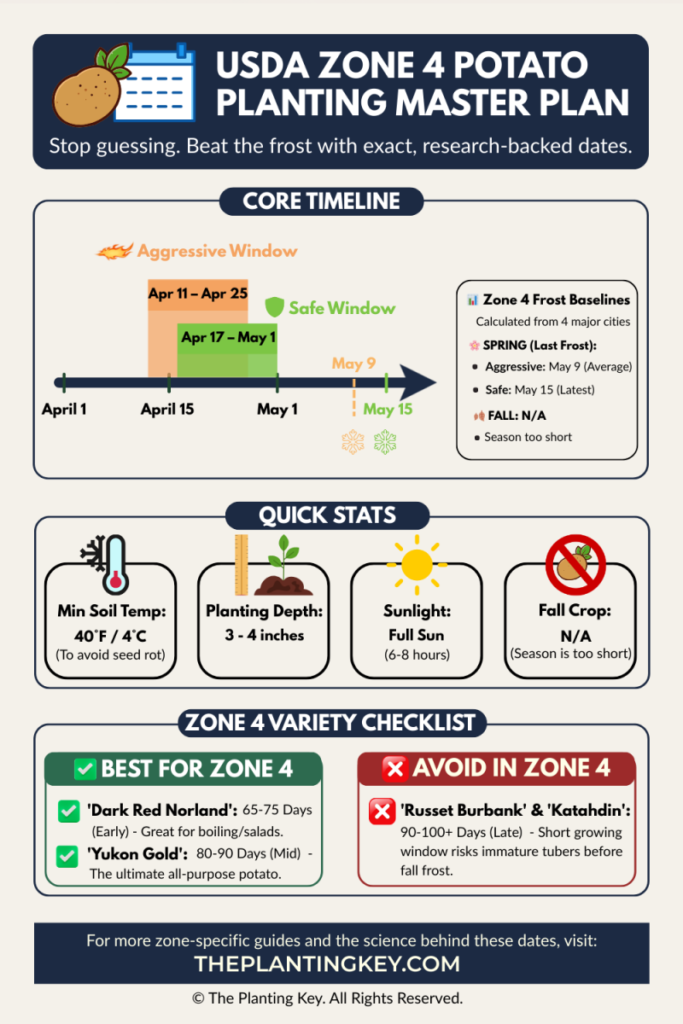 Free printable USDA Zone 4 potato planting calendar and variety guide featuring the Dual-Baseline Methodology.