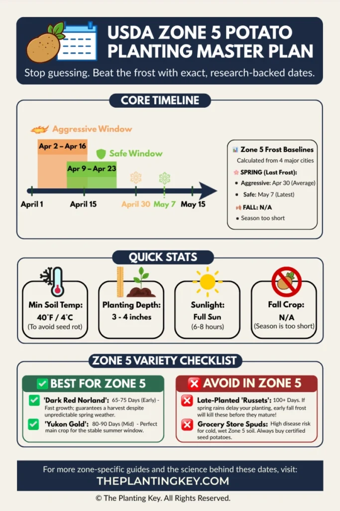 Printable USDA Zone 5 potato planting calendar showing exact Spring dates, frost baselines, and best potato varieties to avoid seed rot.