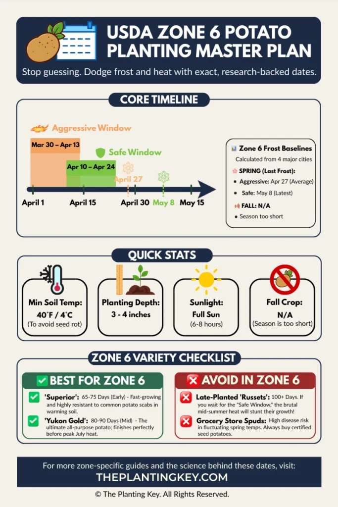 Printable USDA Zone 6 potato planting calendar showing exact Spring dates, frost baselines, and best potato varieties to beat the summer heat trap.