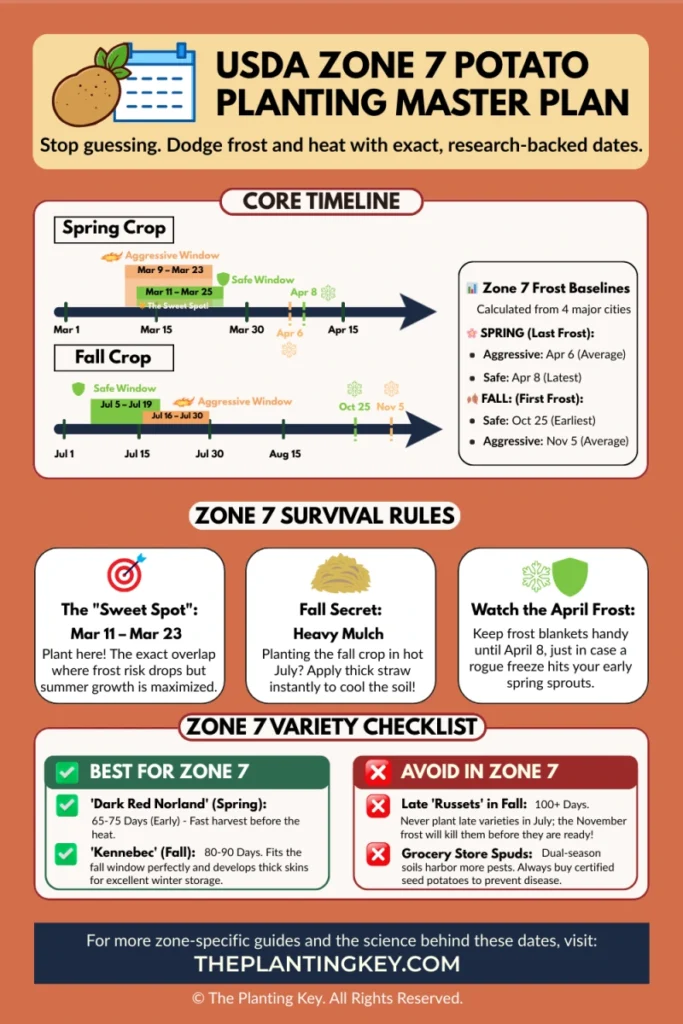 Printable USDA Zone 7 potato planting calendar showing exact Spring and Fall dates, frost baselines, and the best potato varieties for a dual-season harvest.