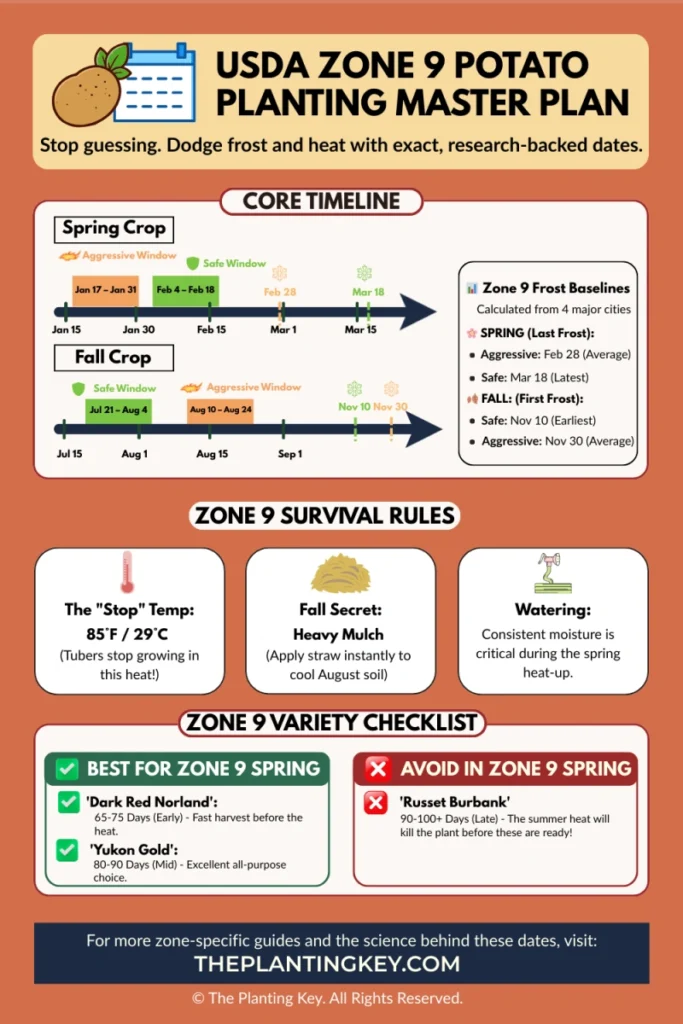 Printable USDA Zone 9 potato planting calendar showing exact Spring and Fall dates, frost baselines, and best potato varieties to dodge frost and heat.