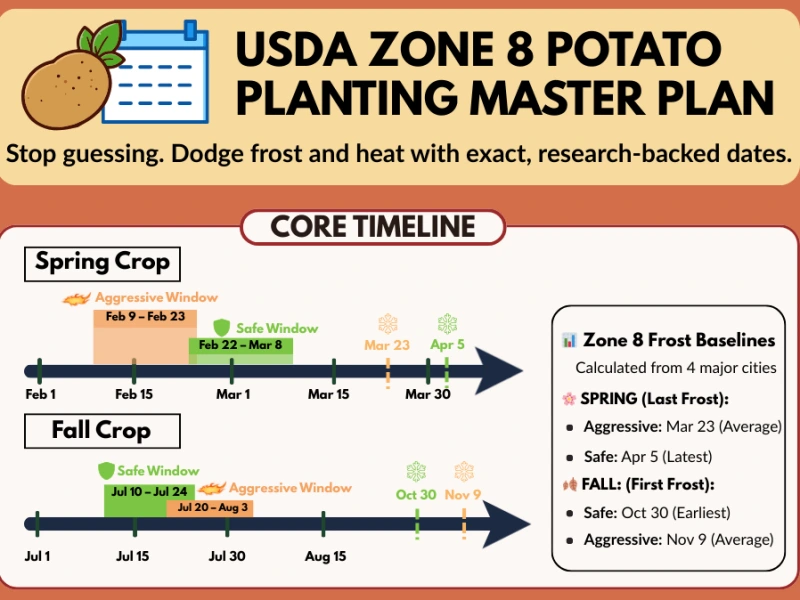 Timeline chart for USDA Zone 8 potato planting dates, showing exact Spring windows (Feb 9-23, Feb 22-Mar 8) and Fall windows (Jul 10-24, Jul 20-Aug 3) based on local frost baselines.
