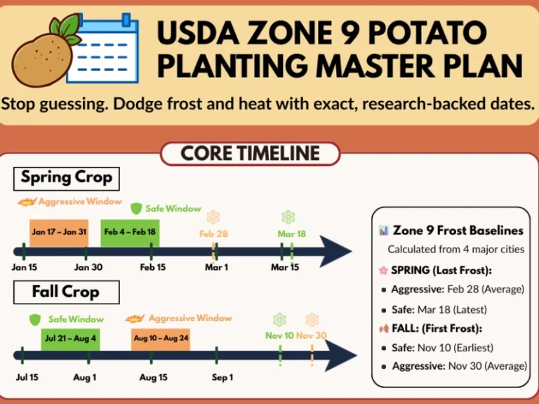 Timeline chart for USDA Zone 9 potato planting dates, showing exact Spring windows (Jan 17-31, Feb 4-18) and Fall windows (Jul 21-Aug 4, Aug 10-24) based on local frost baselines.