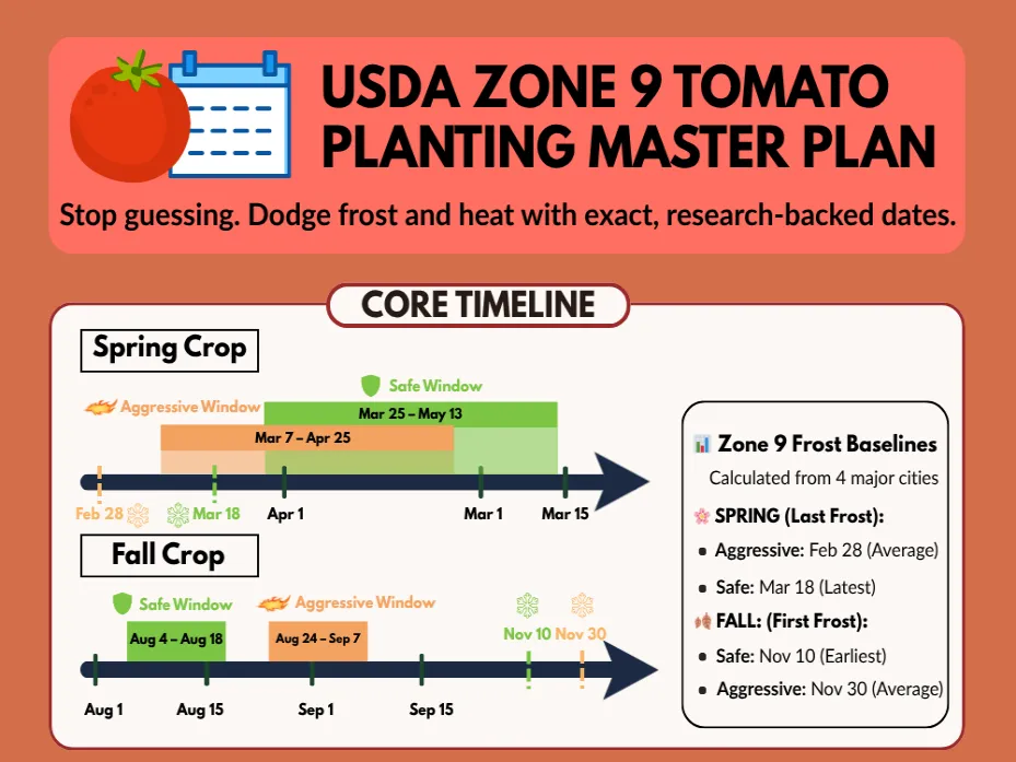 2026 USDA Zone 9 Tomato Planting Master Plan timeline with spring and fall transplanting windows.