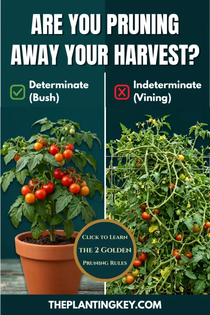 Side-by-side comparison of a compact determinate bush tomato and an overgrown indeterminate vining tomato, illustrating the fatal pruning mistakes gardeners make.