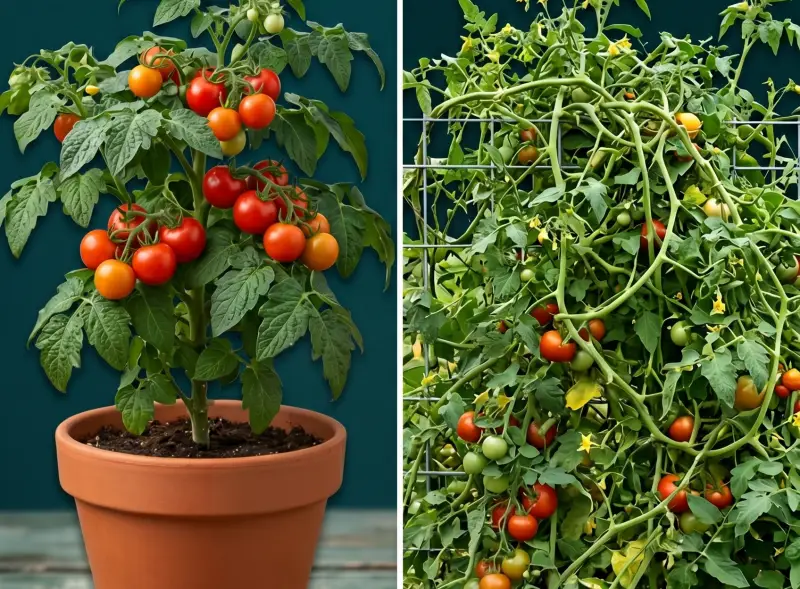 A side-by-side comparison of a compact determinate bush tomato plant growing in a terracotta pot next to a sprawling indeterminate vining tomato plant climbing a wire trellis.