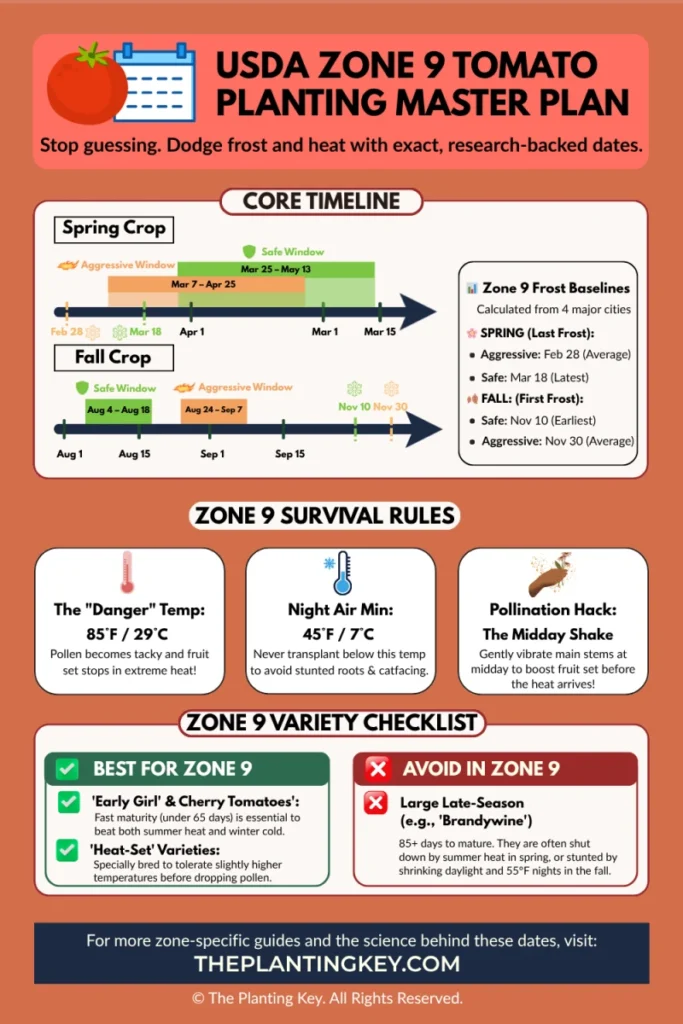 High-resolution USDA Zone 9 Tomato Planting Master Plan infographic featuring 2026 spring and fall transplanting dates, survival rules for extreme heat and cold, and a tomato variety checklist.